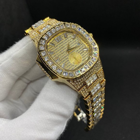 18K Gold Plated Nautilus Design Watch | Men's Iced Out Luxury Baguette Watch | - Picture 3 of 3